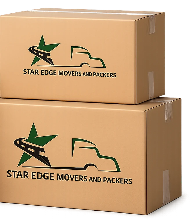 Star Edge branded moving boxes Star Edge Movers branded moving boxes in several sizes, supplied as part of the packing service
