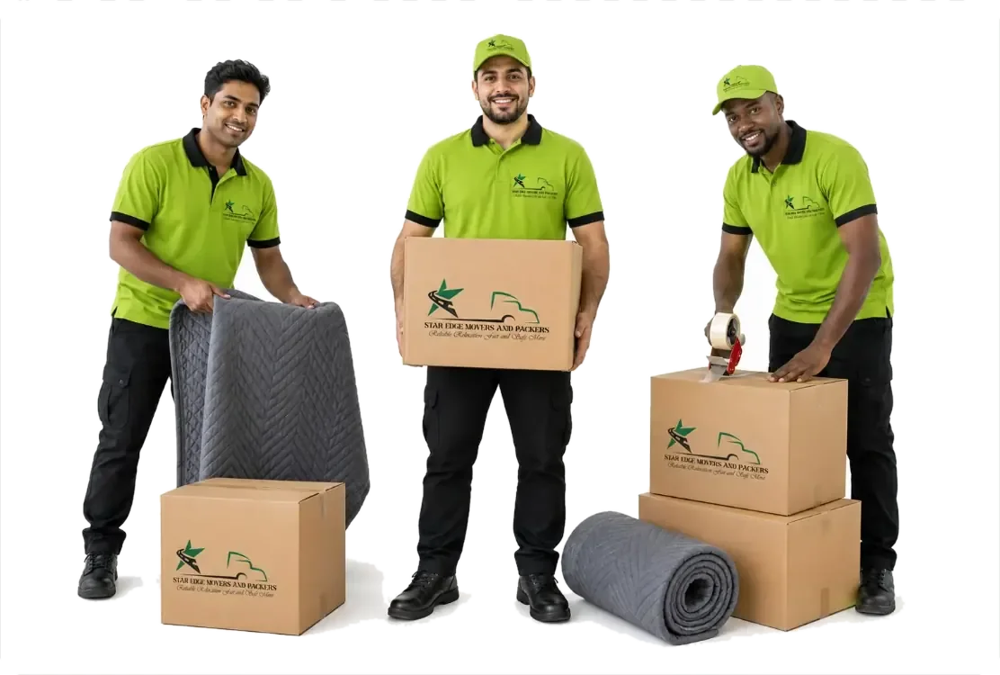 Star Edge Movers and Packers uniformed crew with moving boxes and protective blankets