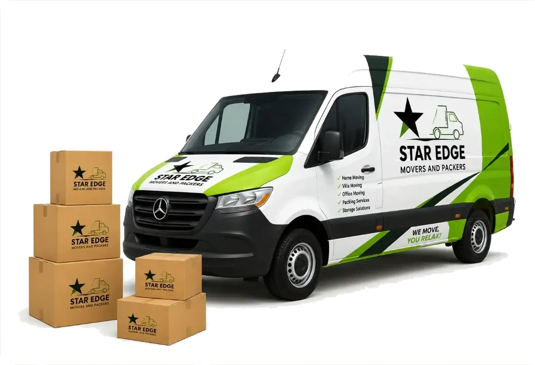Star Edge Movers and Packers branded Mercedes van with labelled moving boxes, one fixed price per move
