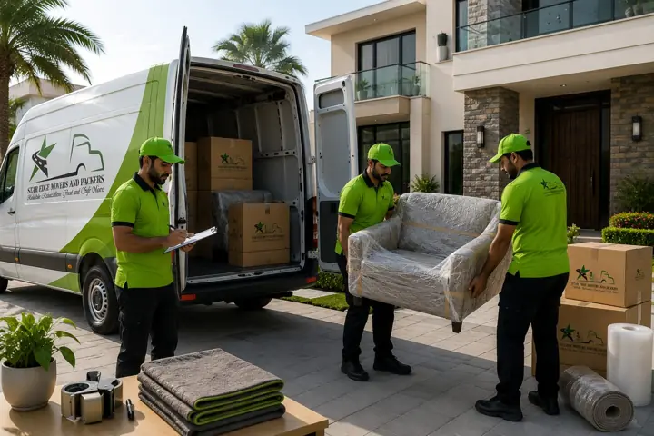 Star Edge crew loading wrapped furniture outside a Dubai villa
