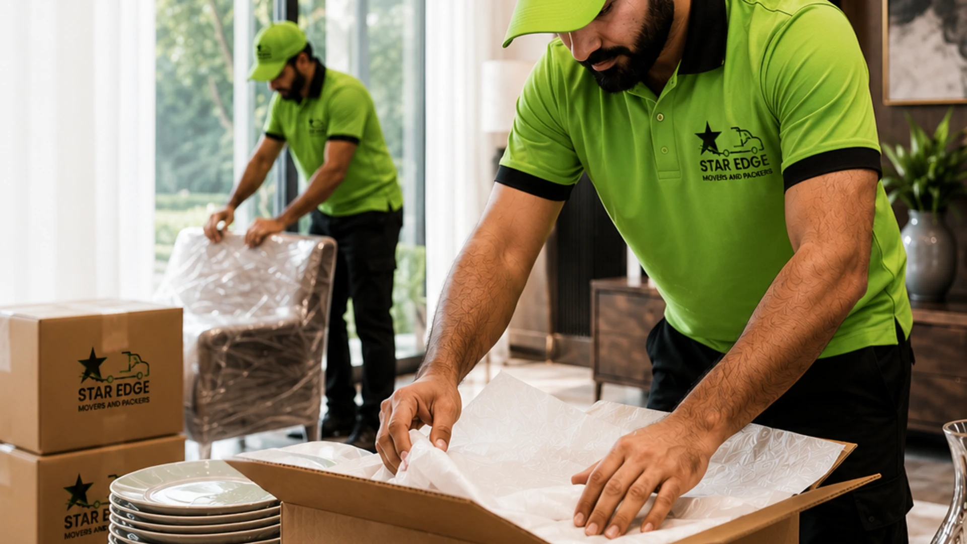 Star Edge mover packing plates into a branded box in a Dubai apartment