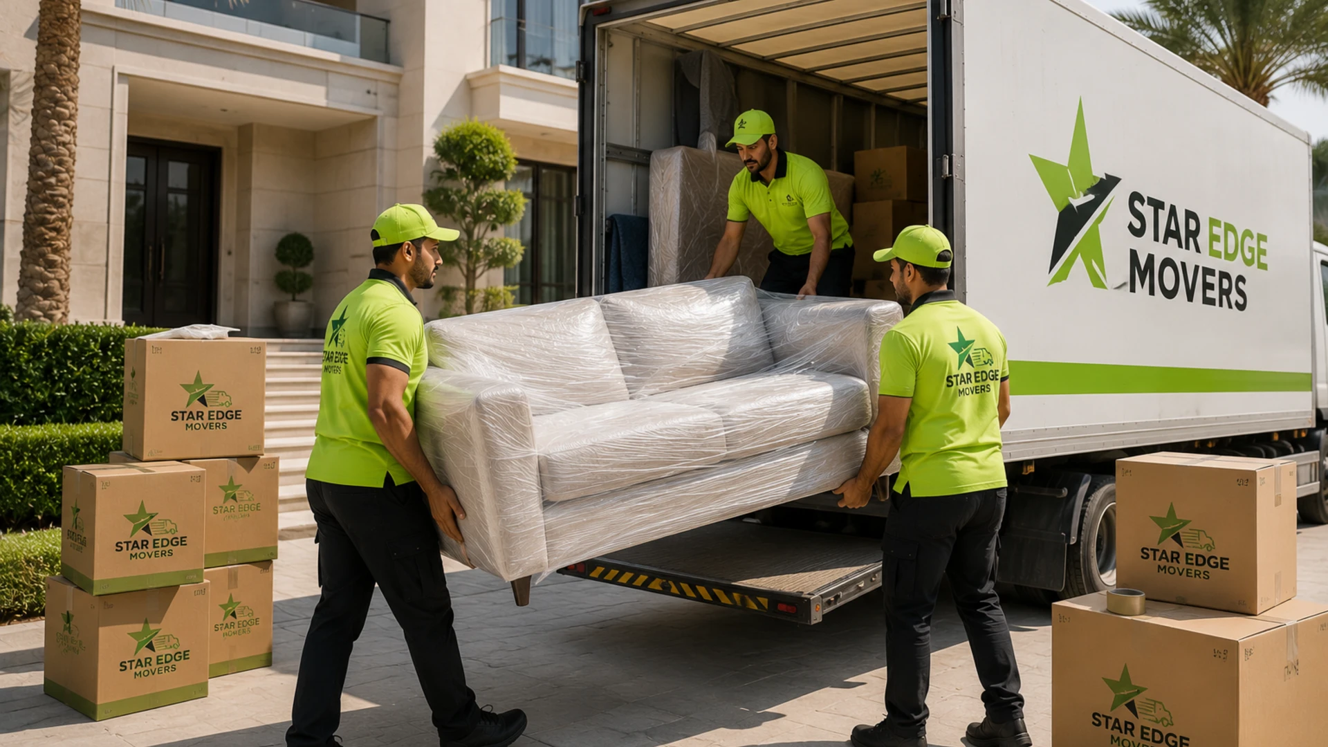 Star Edge Movers crew loading a wrapped sofa into a branded truck at a Dubai villa